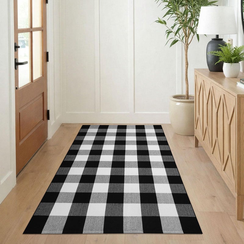 KILOCOCO Buffalo Plaid Checkered Rug - 3'x5' Front Door Mat Outdoor,Black and White Rugs Cotton Washable Front Porch Rug Layered Doormats for Patio Farmhouse Entryway Kitchen Foyer - Image 2